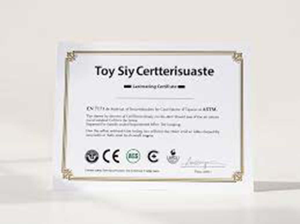 Toy safety certification paper with gold border, CE and ASTM logos, and approval markings.