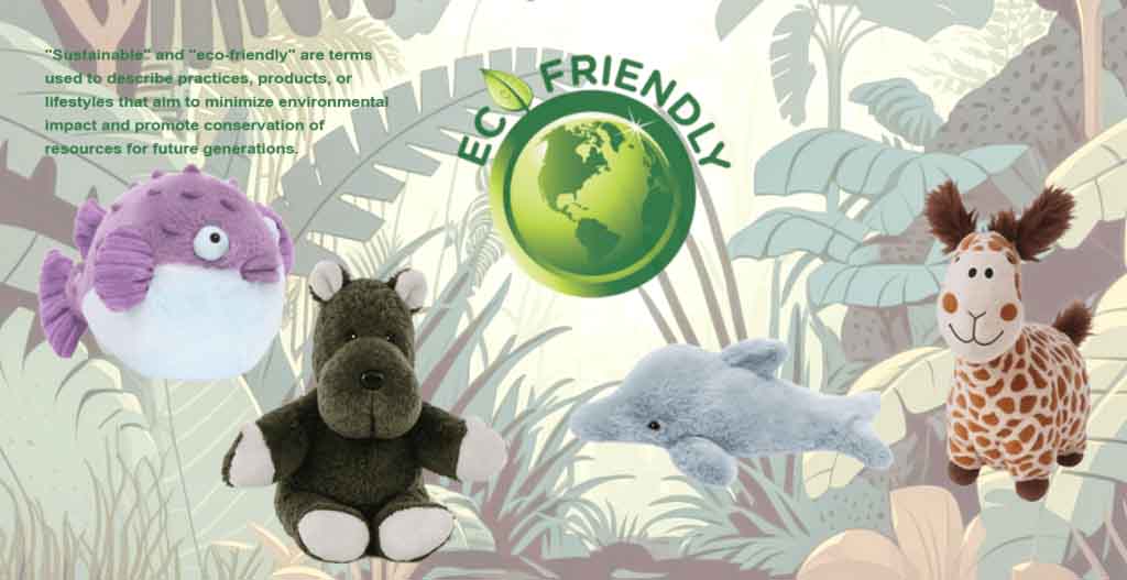 Eco-friendly plush toys including a fish, bear, dolphin, and giraffe with a green Earth logo promoting sustainability.