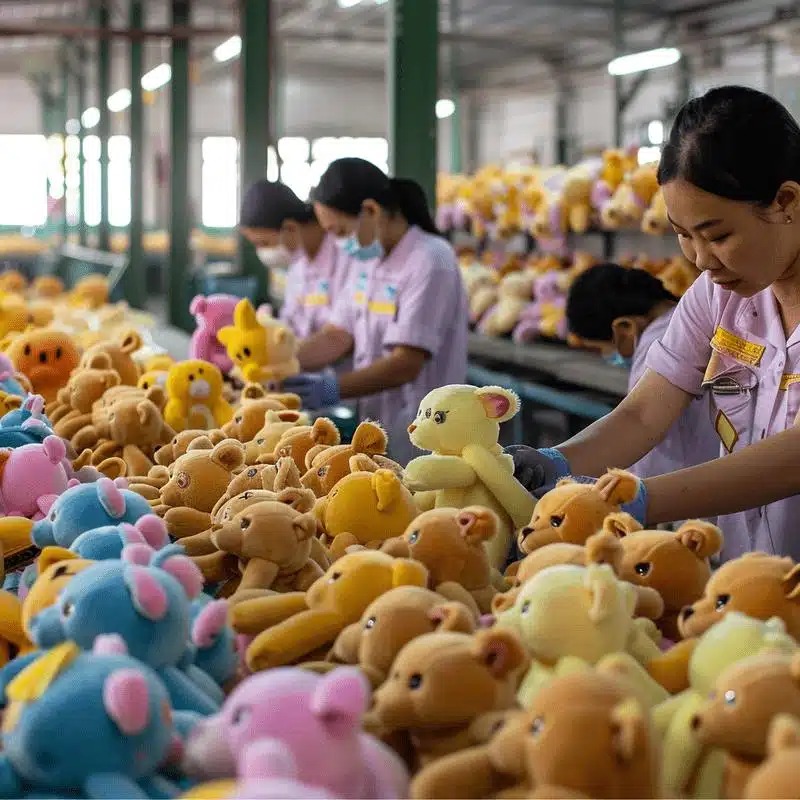 Factory workers assembling and checking colorful teddy bear plush toys on production lines.
