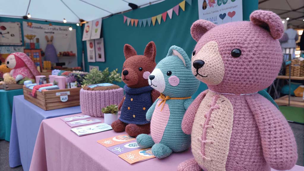 A market stall displaying colorful handmade crochet plush animals, including a pink bear, teal cat, and brown dog, with other crafts and decorations in the background.