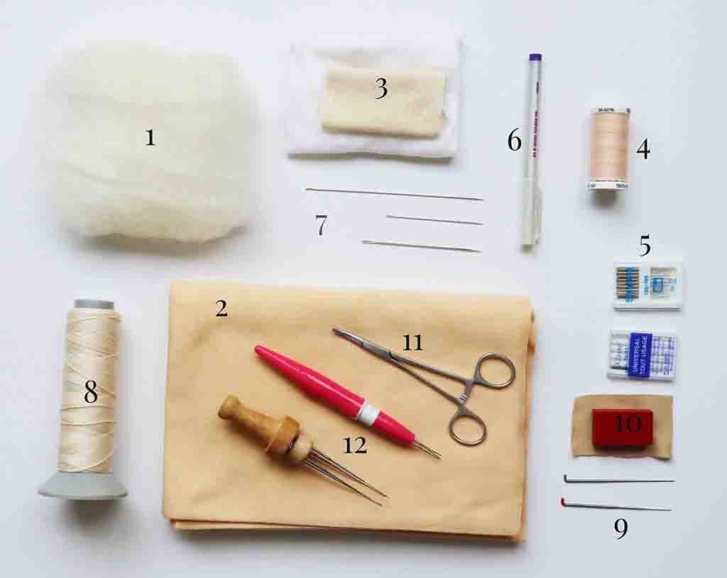 Essential materials and tools for making a stuffed doll, including fabric, stuffing, needles, scissors, and thread.