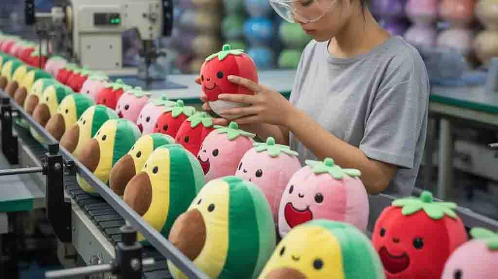 Worker inspecting colorful fruit-shaped plush toys on a production line in a plush toy manufacturing factory.