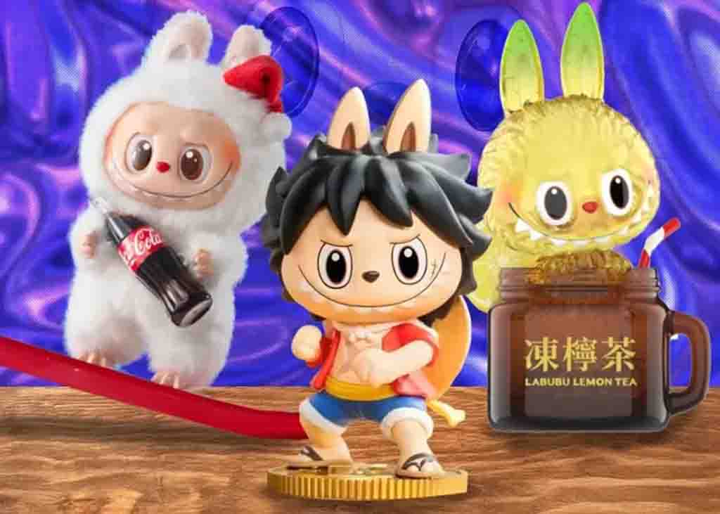 Labubu collectible toys featuring collaborations with Coca-Cola, One Piece, and Labubu Lemon Tea editions.