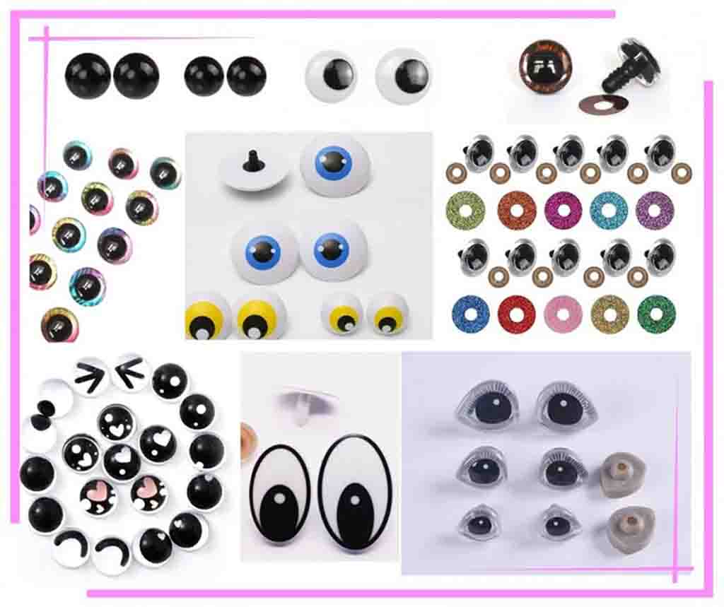 Assorted plastic safety eyes in different colors, shapes, and sizes used for plush toy customization.