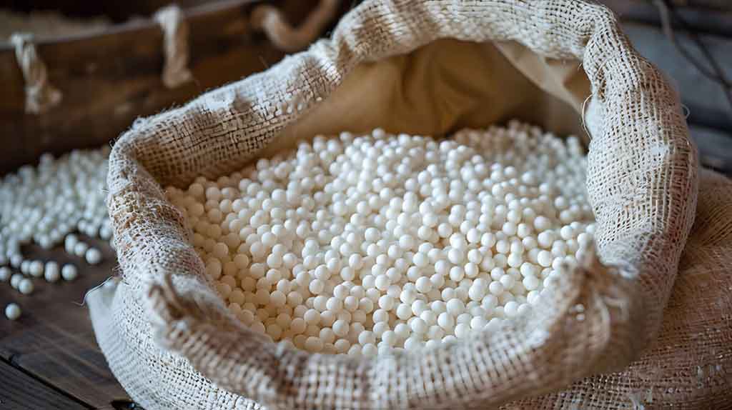 Sack of white polymer beads used as stuffing for plush toys.