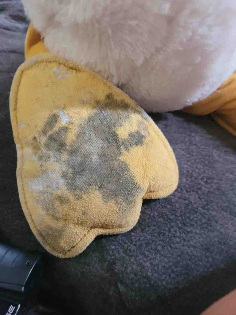 Close-up of a yellow plush toy foot with visible mold stains and discoloration.