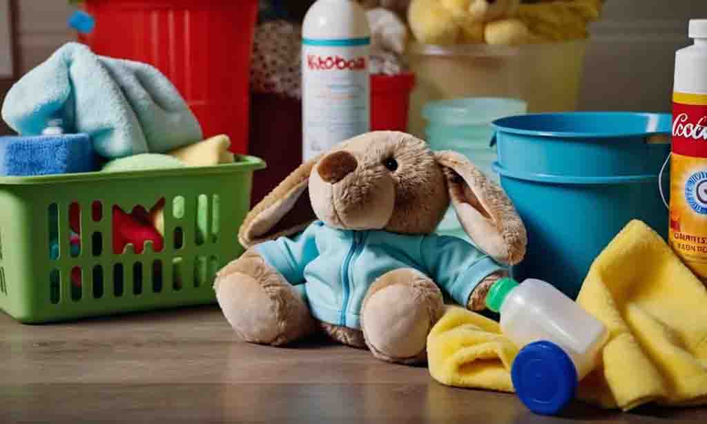 Stuffed bunny surrounded by cleaning supplies, cloths, and detergent for washing plush toys.