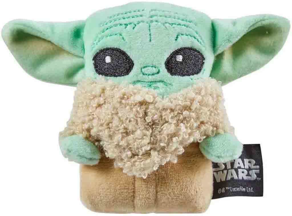 Small Star Wars Baby Yoda plush with big ears, embroidered eyes, and soft beige robe.