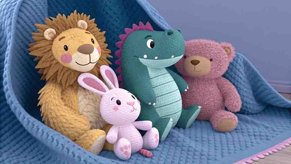 Cute plush lion, bunny, dinosaur, and teddy bear sitting together under a blue knitted blanket.