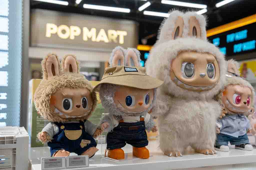 Display of Labubu collectible figures in different outfits and sizes at a POP MART store.