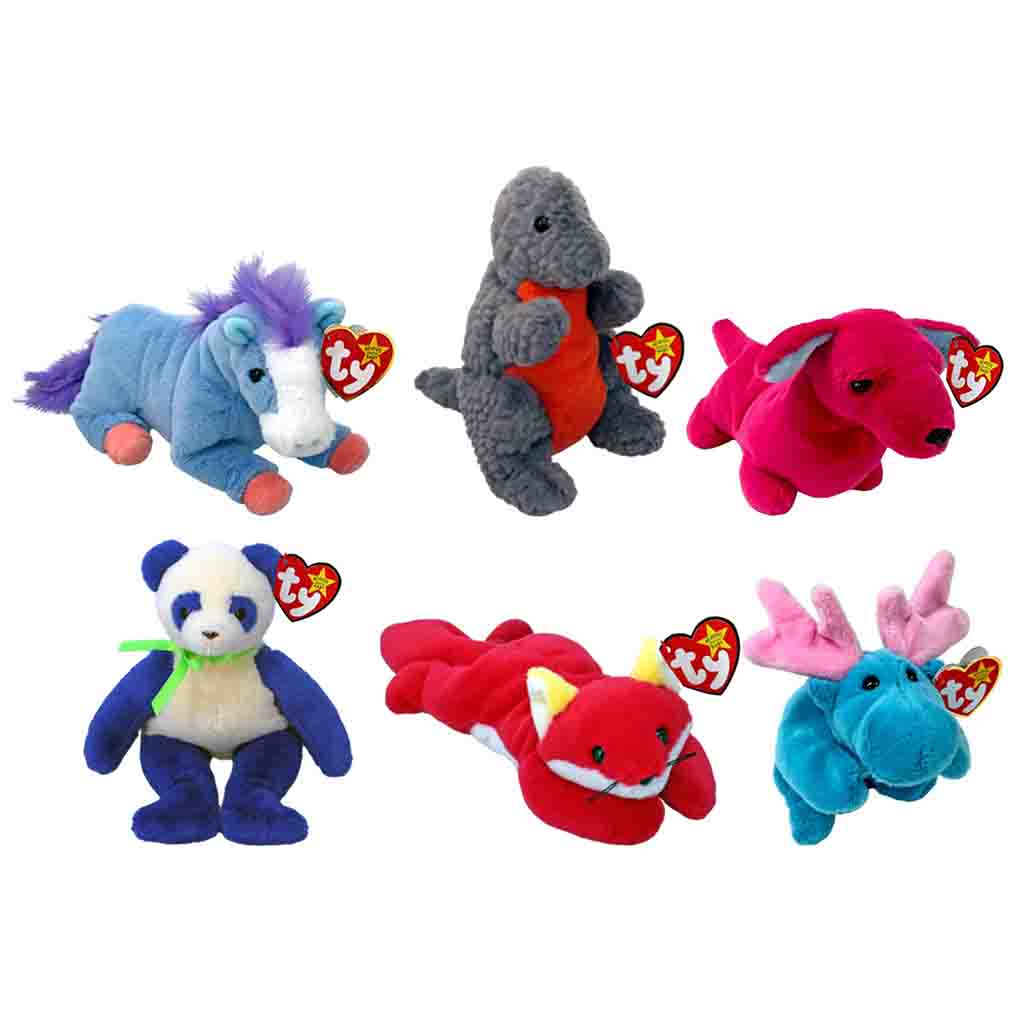 Assorted TY Beanie Babies plush toys including a panda, horse, dinosaur, dog, fox, and moose.