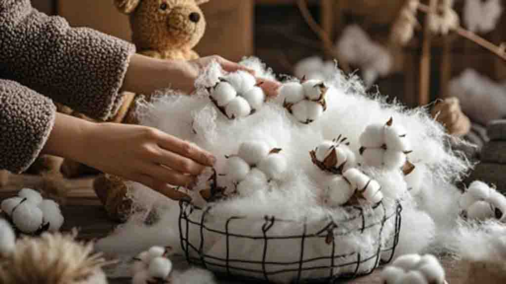 Basket filled with cotton stuffing and cotton bolls for plush toy making.