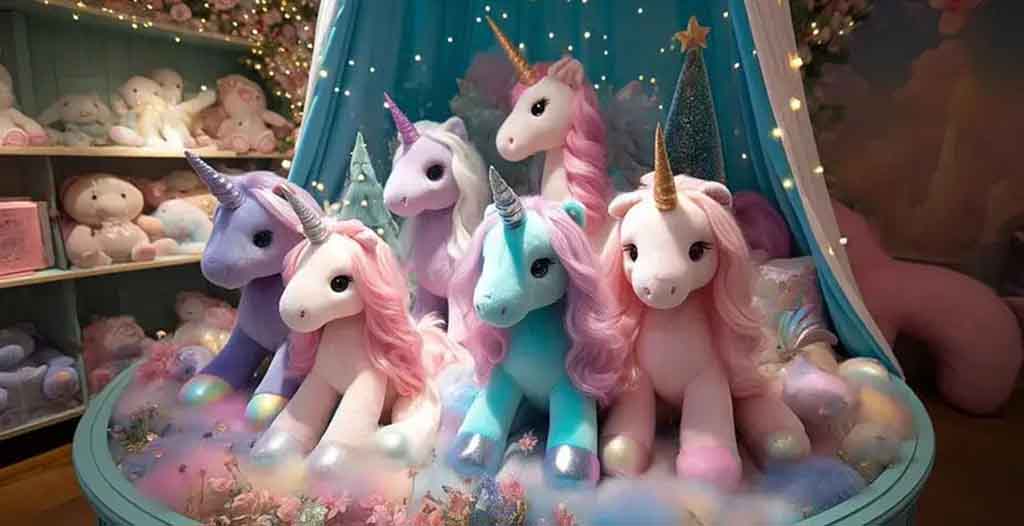 Colorful unicorn plush toys with pastel manes and golden horns arranged under a canopy with fairy lights.
