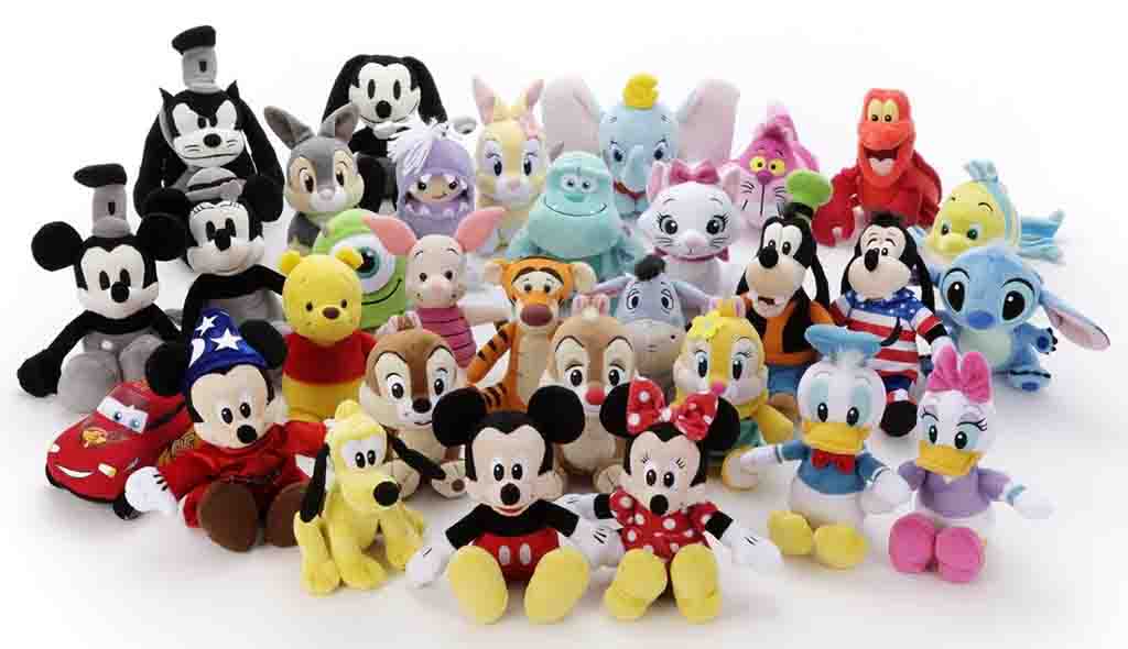Group of Disney plush toys including Mickey Mouse, Minnie Mouse, Donald Duck, Daisy Duck, Goofy, Pluto, Winnie the Pooh, Stitch, Dumbo, Tigger, and other classic characters.