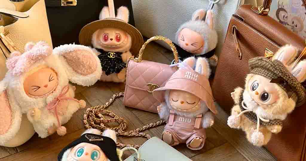 Labubu plush dolls dressed in luxury fashion outfits with designer bags and accessories.