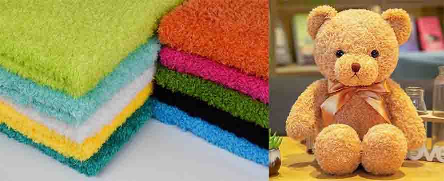 Colorful fleece fabric swatches in green, blue, orange, and black shown next to a teddy bear made from soft fleece material.