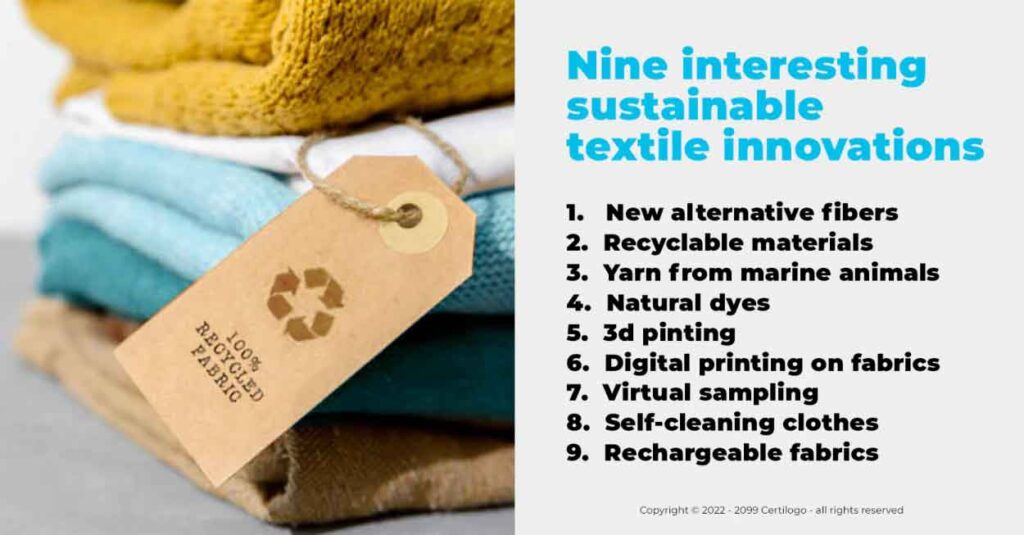 Infographic listing nine sustainable textile innovations including recycled fabrics, natural dyes, 3D printing, self-cleaning clothes, and rechargeable fabrics.