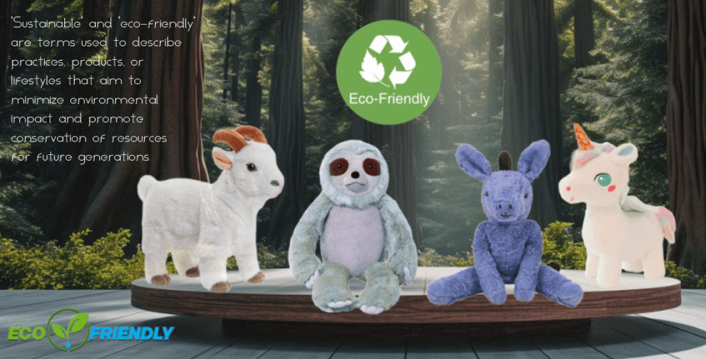 Four eco-friendly plush toys—a goat, sloth, bunny, and unicorn—displayed on a wooden platform in a forest setting with a green recycle symbol above them and text promoting sustainability.