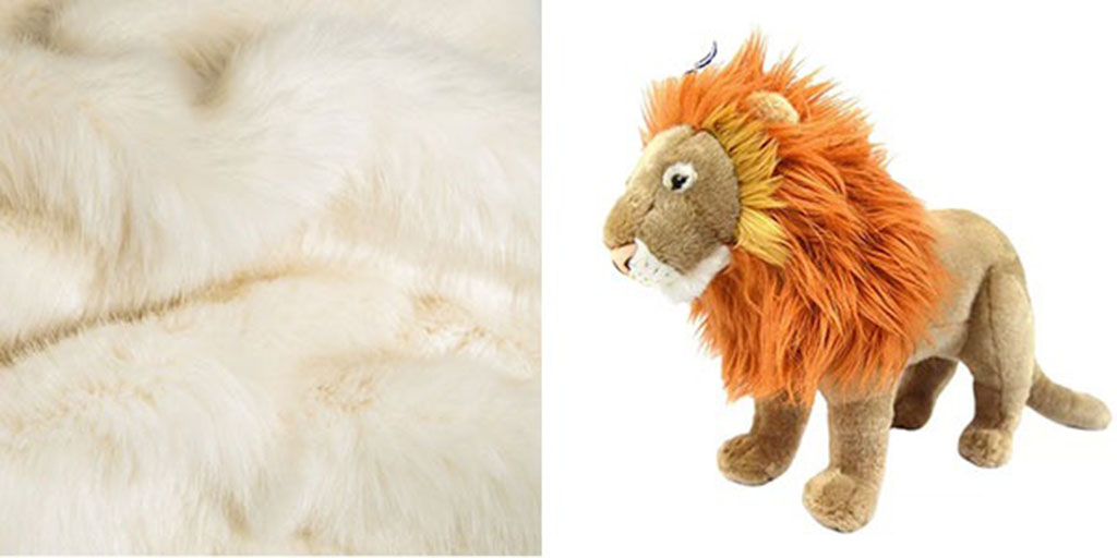 Soft faux fur fabric sample shown beside a plush lion toy with a detailed mane.