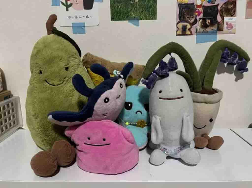 Group of quirky plush toys shaped like fruits, plants, and characters with happy and funny expressions, placed on a white shelf with wall posters behind.