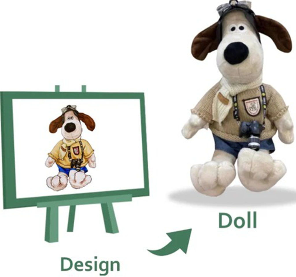 Illustration of a dog character on a design board next to its finished custom plush doll version, showing how artwork is transformed into a soft toy.