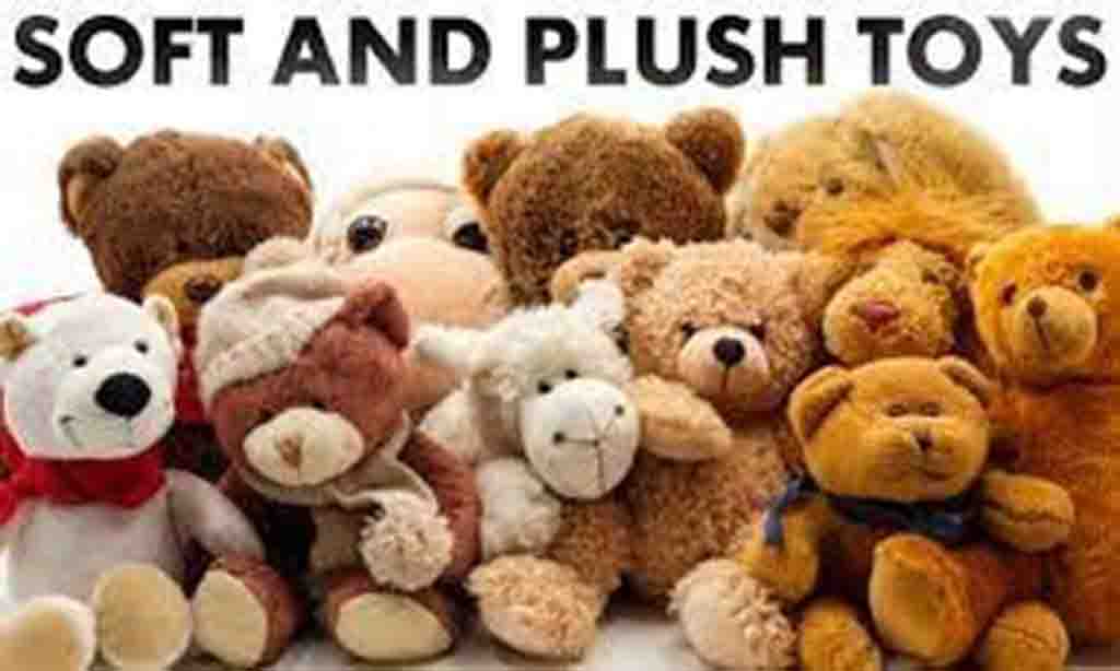 Group of assorted teddy bears and plush animals with the text “Soft and Plush Toys” above them.