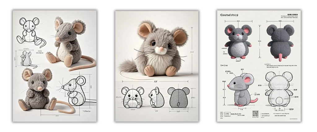 Technical design drawings and prototypes of plush mouse toys showing dimensions, sketches, and final stuffed models.