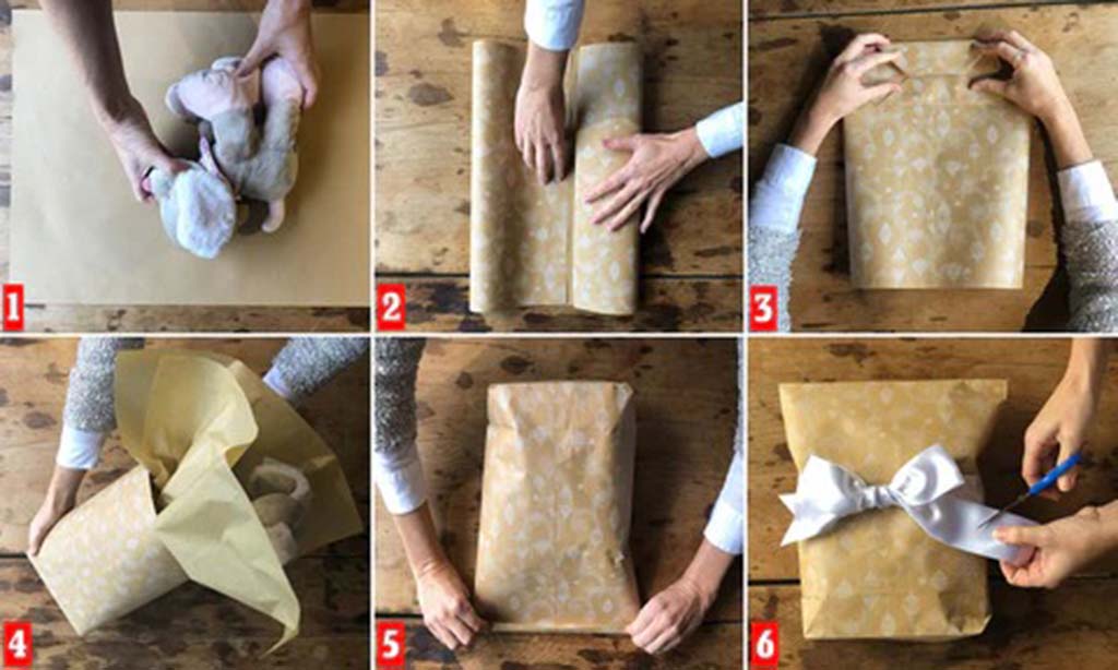 Six-step tutorial showing how to wrap a stuffed animal with decorative paper and ribbon, from placing the toy on the paper to tying the final bow.