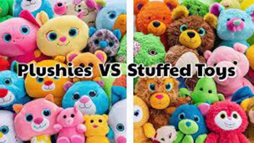 Colorful collection of plushies on the left and stuffed toys on the right, compared side by side with bold text “Plushies VS Stuffed Toys.”