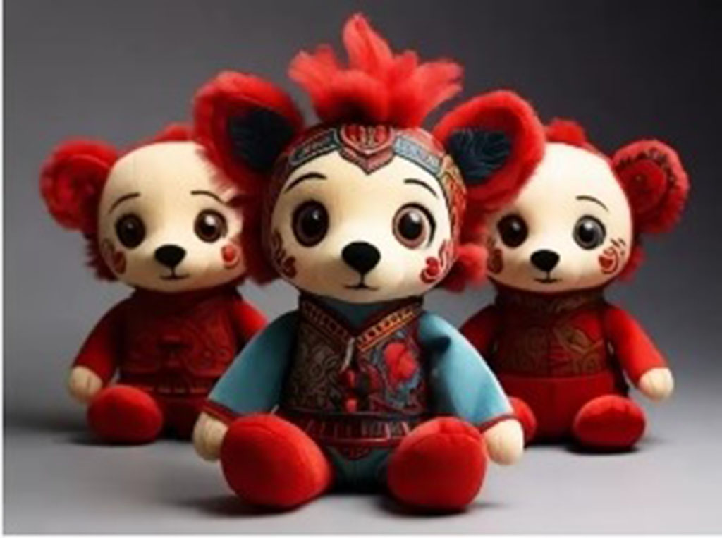 Three panda-style plush toys dressed in traditional Chinese clothing, featuring red and blue embroidered outfits with cultural design elements.