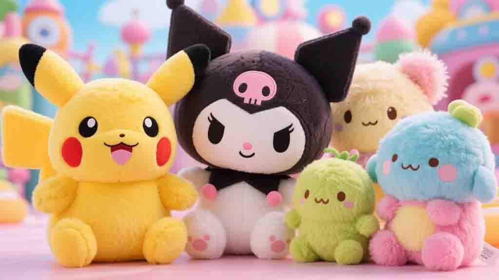 Colorful anime plush toys including Pikachu and other kawaii characters displayed together on a pastel background.
