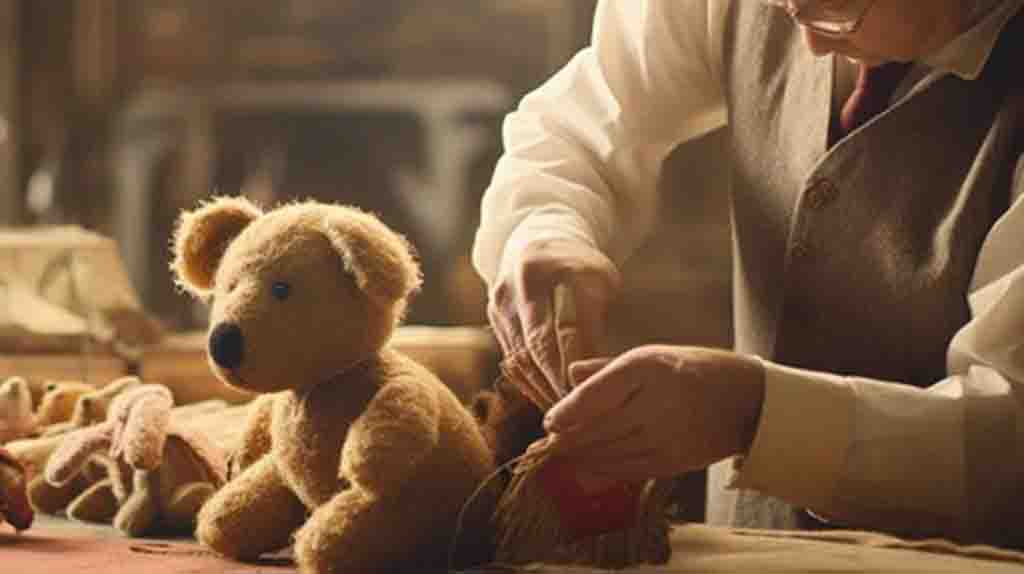 Craftsman sewing a teddy bear by hand in a workshop.