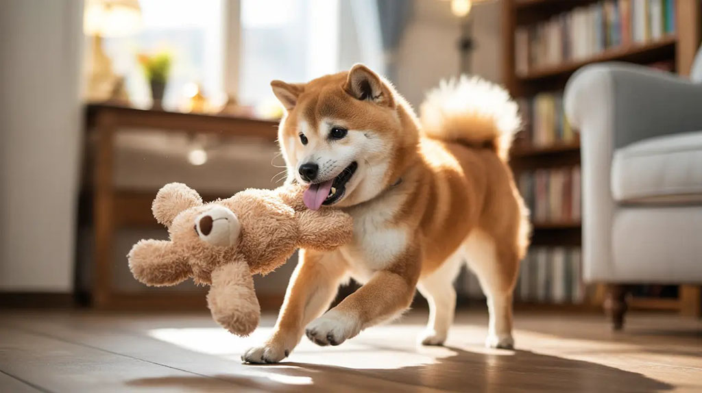 A Shiba Inu dog happily playing indoors with a teddy bear plush toy in its mouth.
