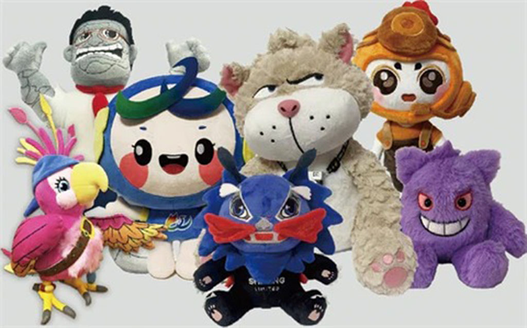 A group of colorful custom plush toys designed as unique characters, including animals, mascots, and fantasy creatures.