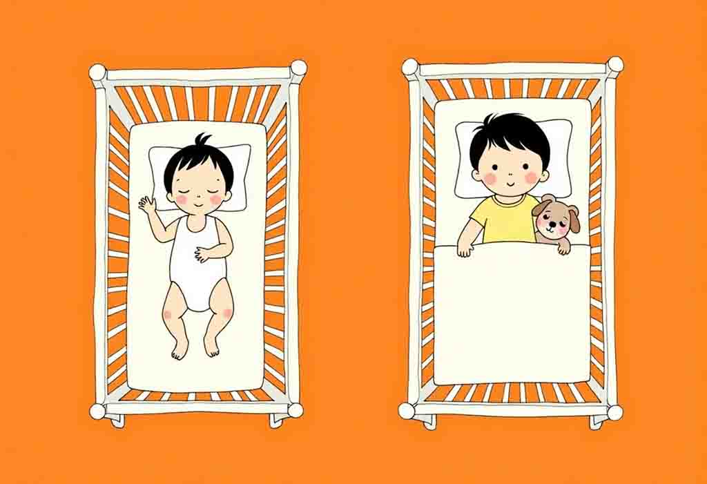 Illustration showing two cribs: on the left, a baby safely sleeping alone; on the right, an older child sleeping with a small stuffed toy.