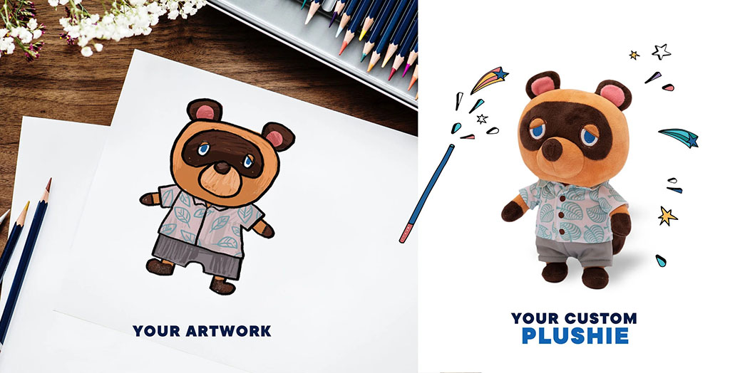 Side-by-side comparison showing a hand-drawn bear character on paper transformed into a custom plush toy with matching outfit and details.
