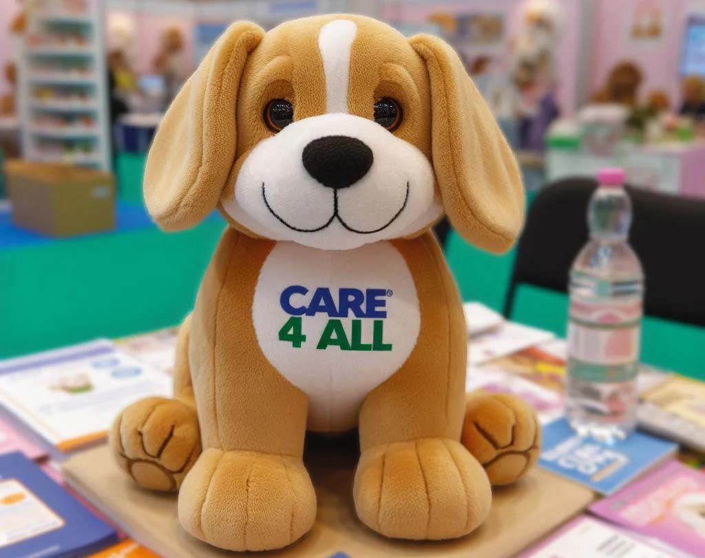 Brown and white plush dog toy with "CARE 4 ALL" logo on its chest, displayed on a table at an event booth.
