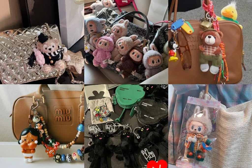 A collage of handbags decorated with cute plush keychains, including LABUBU dolls, teddy bears, and cartoon figures, used as trendy fashion accessories.