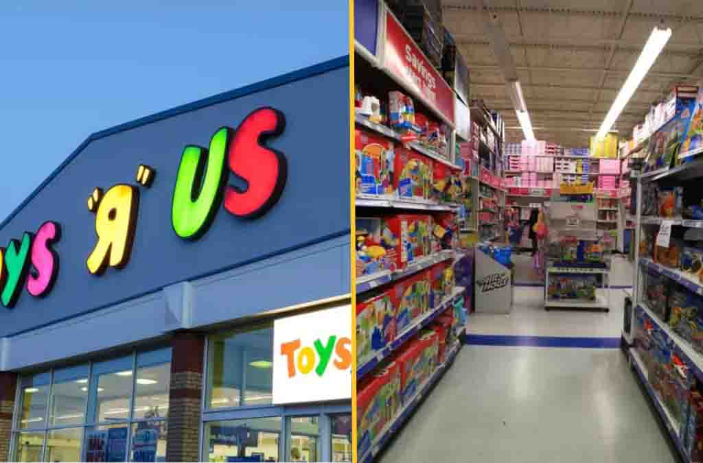 Exterior view of Toys “R” Us store sign and interior aisle filled with colorful toy shelves.