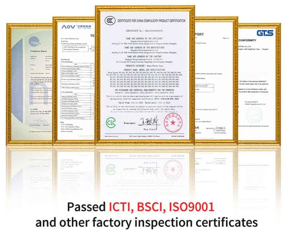 Display of ICTI, BSCI, ISO9001, and other compliance certificates with gold frames for plush toy manufacturing.