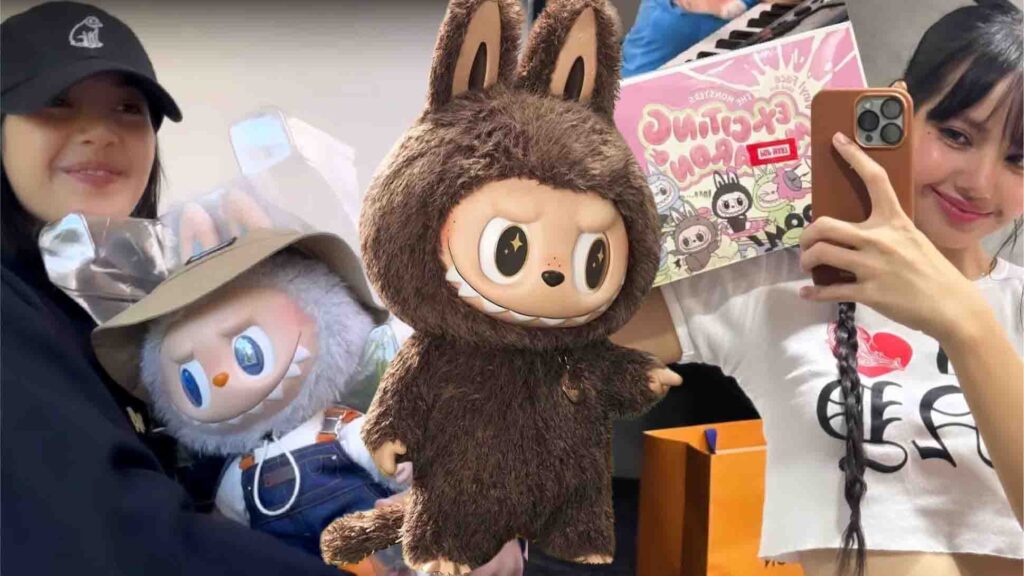 Collage image showing people with trendy Labubu plush dolls, highlighting the popularity of designer character plush toys.