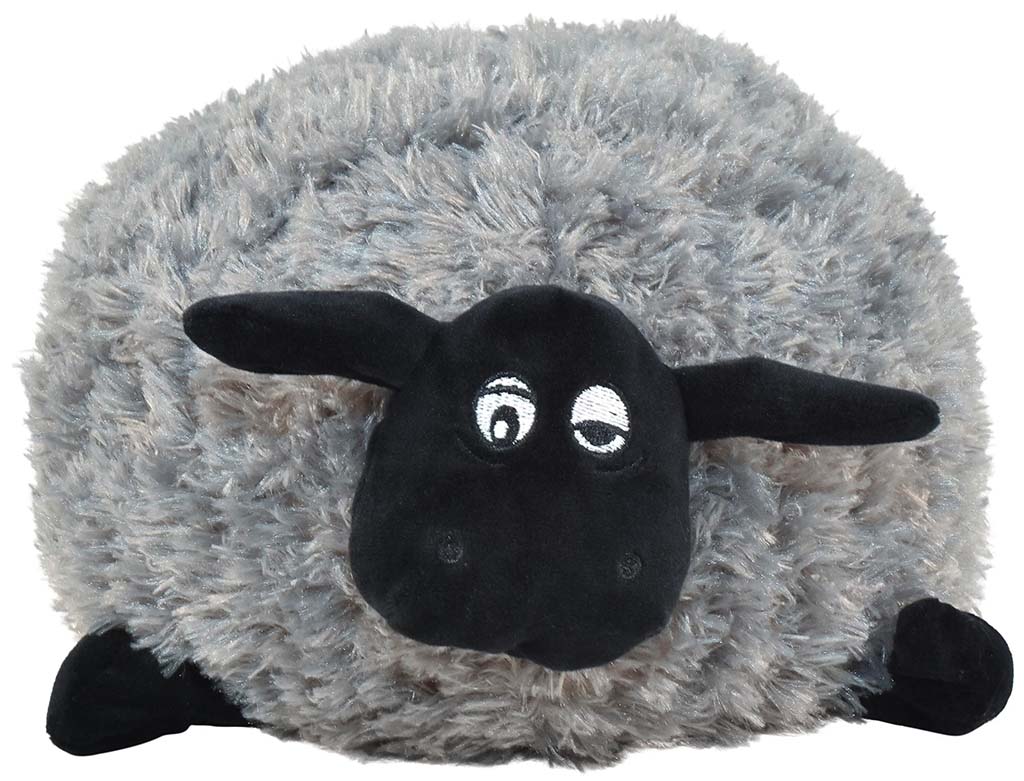 Grey fluffy sheep plush with a round body, black face, and floppy ears, designed for hugging and cuddling.