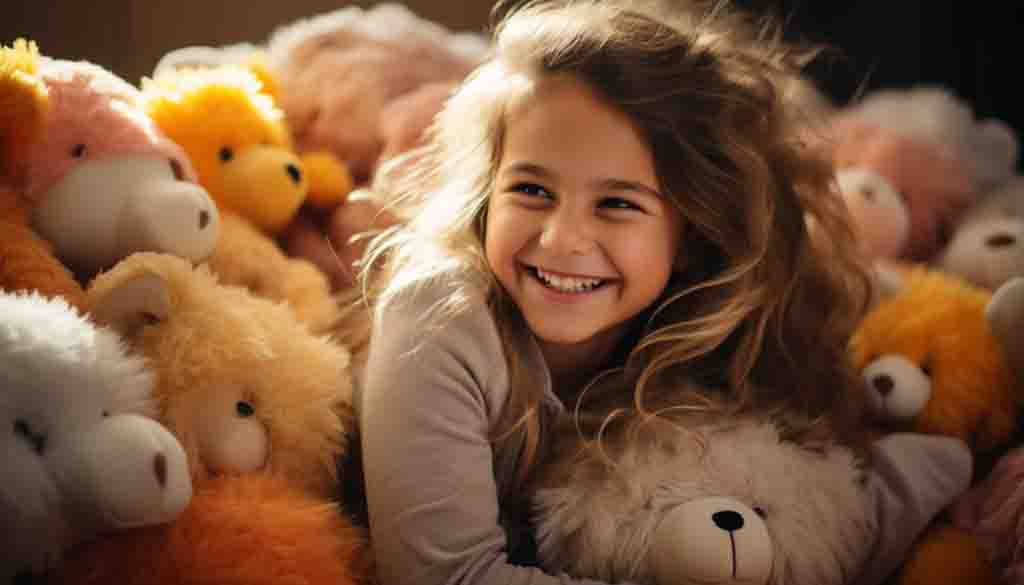 Smiling girl surrounded by colorful teddy bears and plush animals, showing the comfort and joy stuffed toys bring to children.
