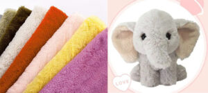Assorted colorful plush fabrics on the left and a soft gray stuffed elephant toy with large ears on the right.