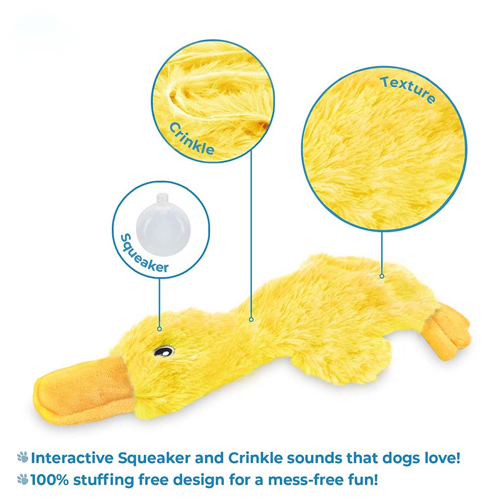 Yellow plush duck dog toy with squeaker and crinkle sounds, stuffing-free design for mess-free play.