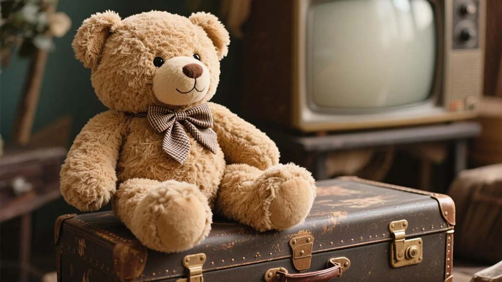 Cute brown teddy bear with a checkered bow tie sitting on a vintage leather suitcase, with an old TV in the background.