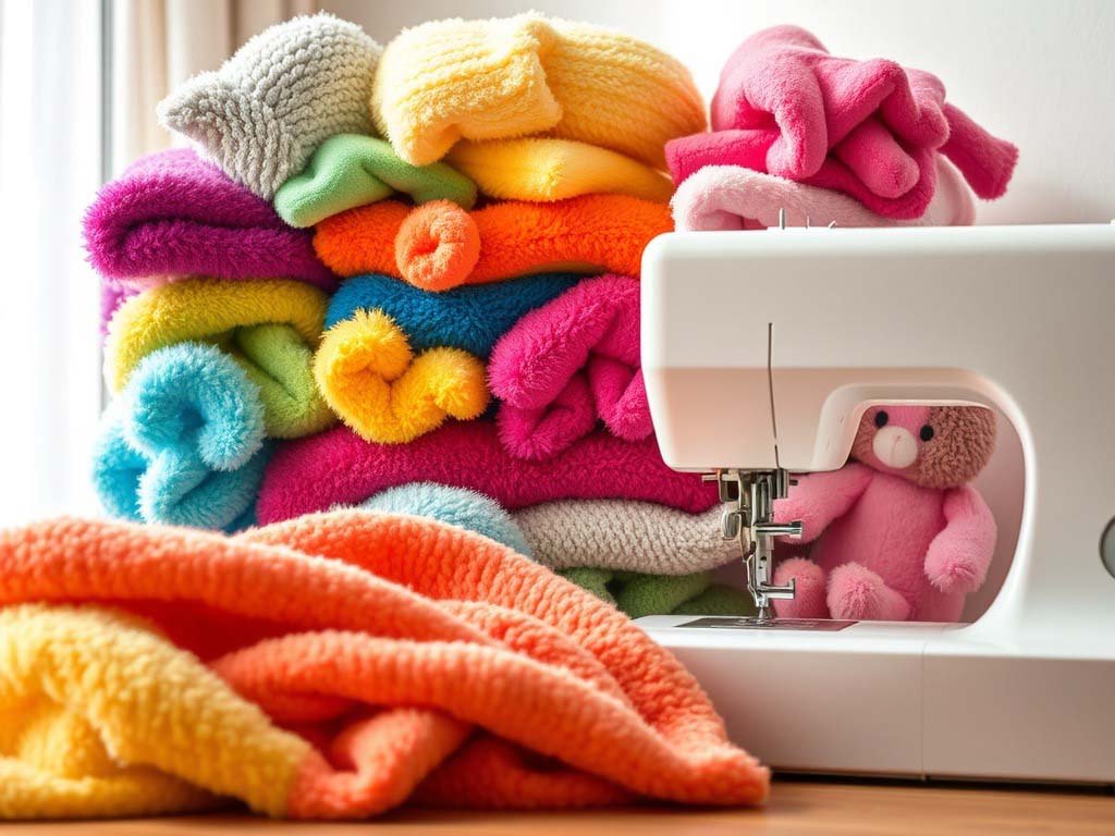 Colorful rolls of plush fabric stacked near a sewing machine with a small pink teddy bear placed in the machine slot.