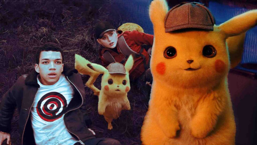 Detective Pikachu wearing a hat alongside two shocked characters in a dramatic movie scene.