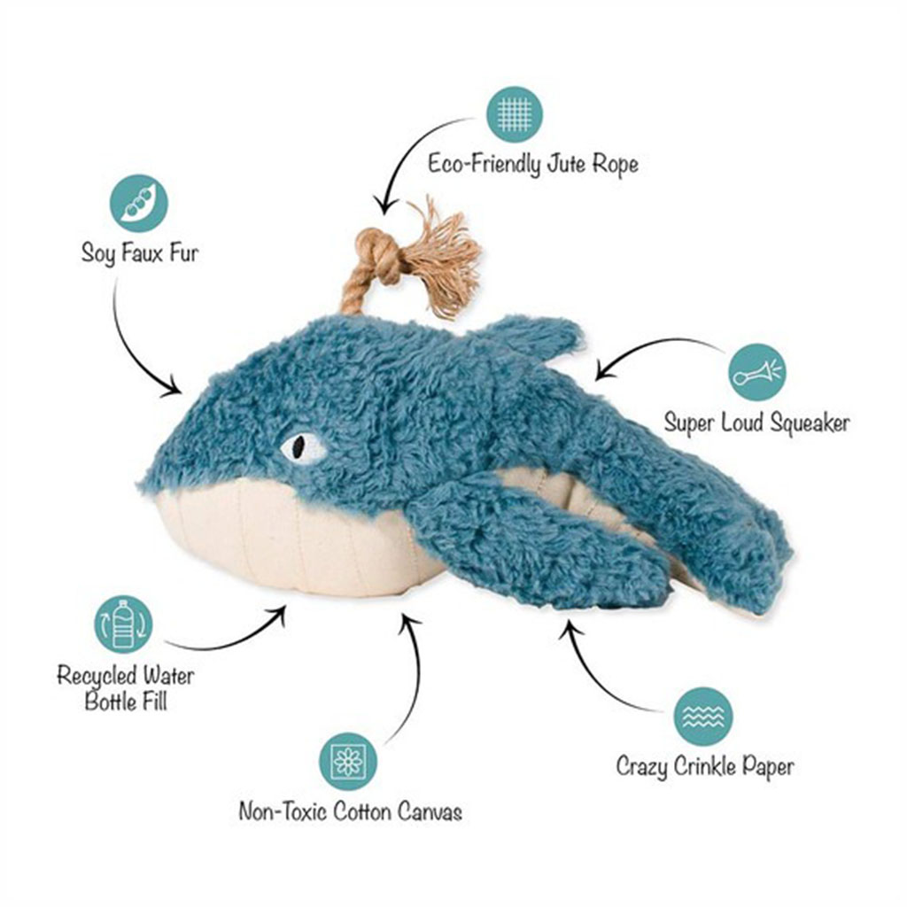 Blue whale-shaped eco-friendly dog toy made with soy faux fur, non-toxic cotton canvas, recycled water bottle filling, jute rope, crinkle paper, and a squeaker.