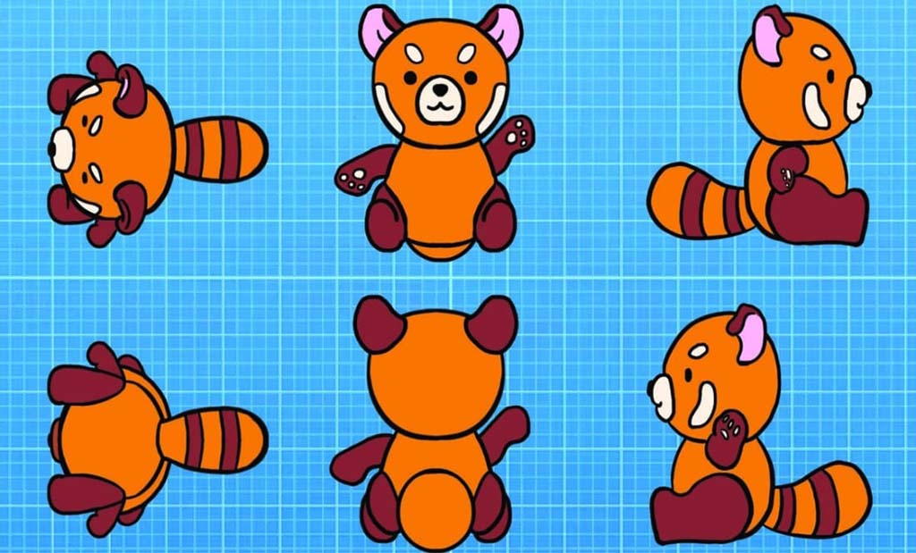 Multi-angle blueprint illustration of a red panda plush toy showing front, side, back, top, and bottom views on a blue grid background.